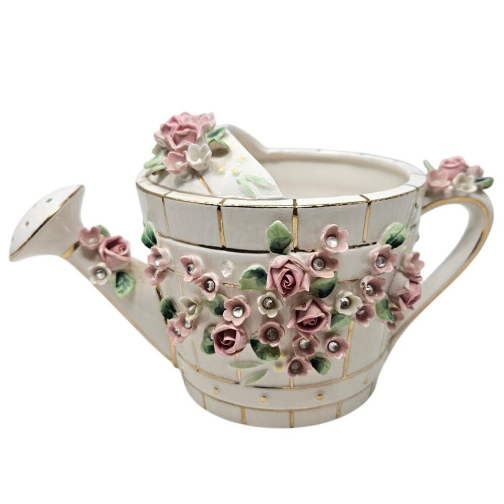 Vintage 50s Lefton China Pink Floral Ceramic Watering Can Cottage Shabby Chic